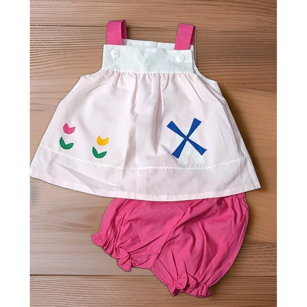 Vtg Little Bitty Toddlers Sun Dress & Bloomers Girls Sz 3T Tulips Windmill READ